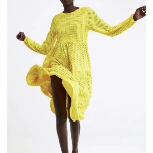 Zara Maxi long sleeve yellow polka dot dress size L - Picture 2 of 10